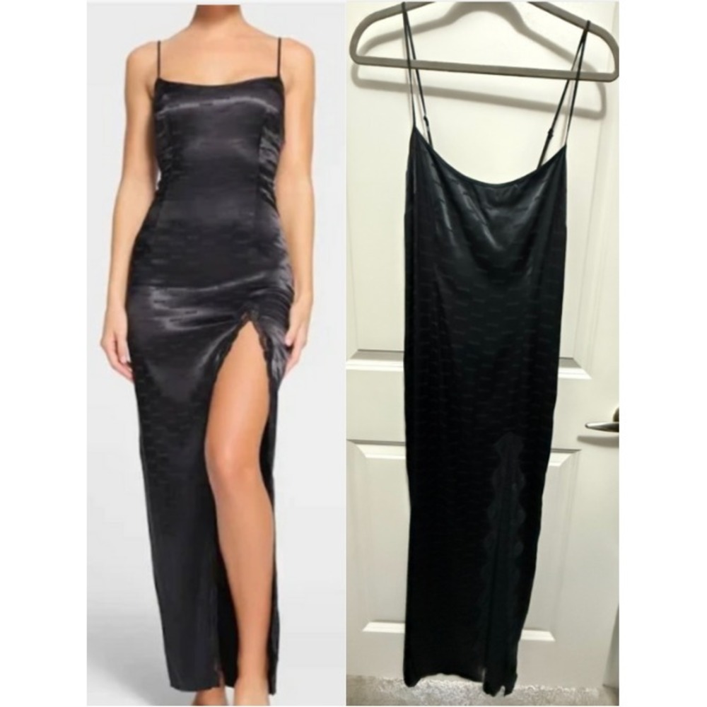 NWT SKIMS Jacquard Long Slip Dress Size S Black Logo Print‎ Adjustable Straps